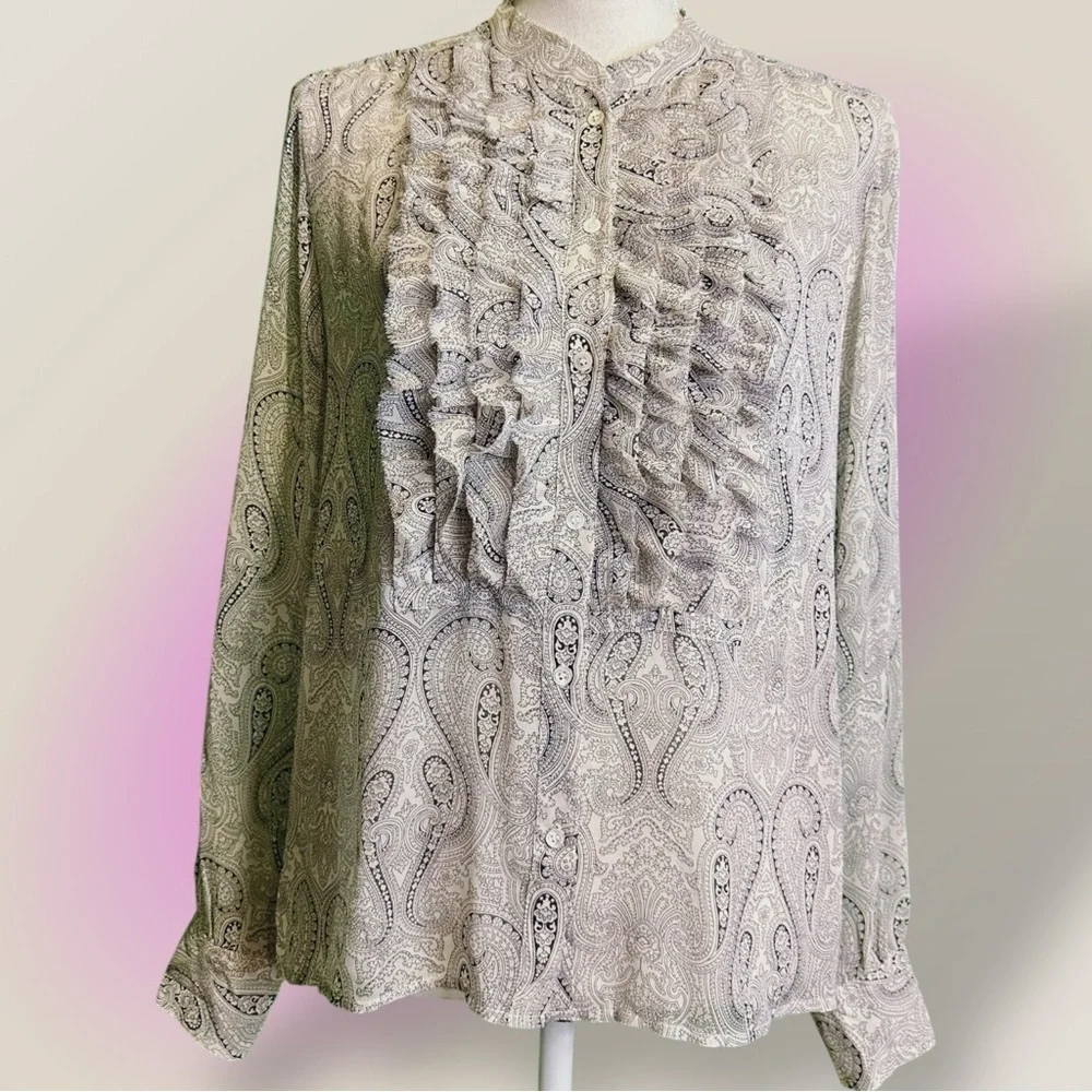 J. Crew 100% Silk ‘Faded Paisley Flouncette Blouse’ in White & Black Size 6